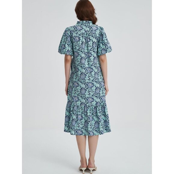 Summer Floral Cotton Midi Dress Women Puff Sleeve Button Pockets Boho - Picture 2 of 6